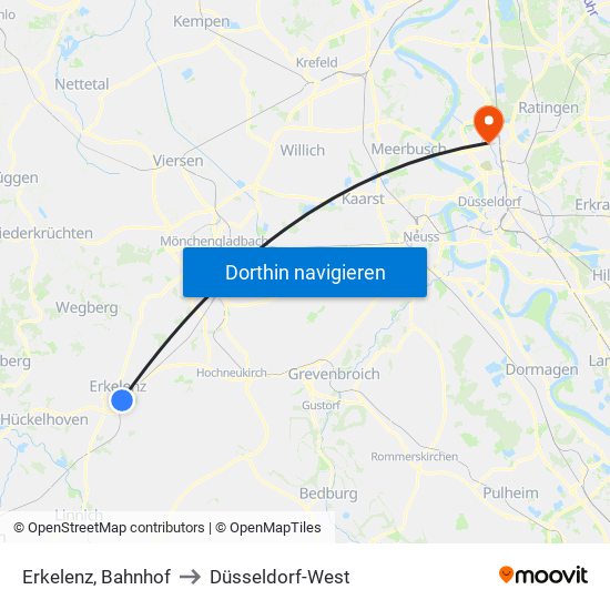 Erkelenz, Bahnhof to Düsseldorf-West map