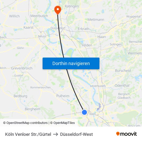 Köln Venloer Str./Gürtel to Düsseldorf-West map