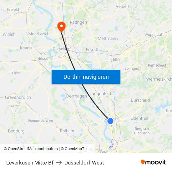 Leverkusen Mitte Bf to Düsseldorf-West map