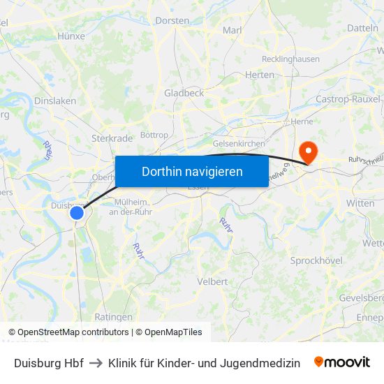 Duisburg Hbf to Klinik für Kinder- und Jugendmedizin map