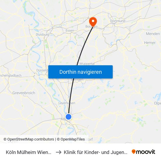 Köln Mülheim Wiener Platz to Klinik für Kinder- und Jugendmedizin map