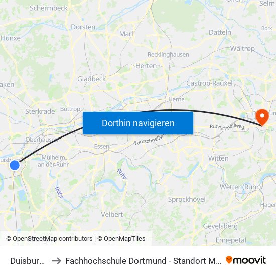 Duisburg Hbf to Fachhochschule Dortmund - Standort Max-Ophüls-Platz map