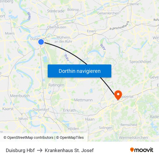 Duisburg Hbf to Krankenhaus St. Josef map