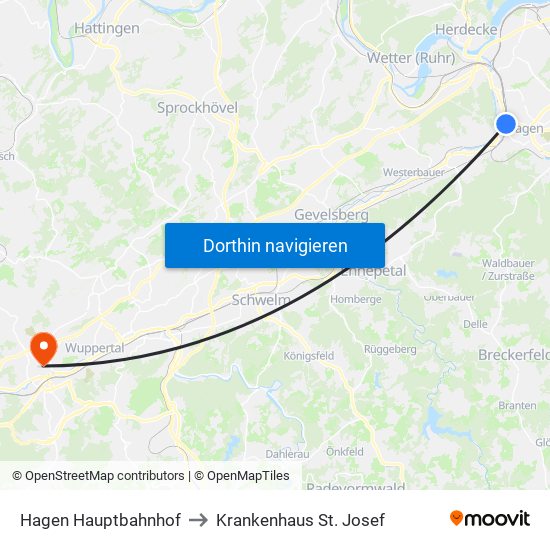 Hagen Hauptbahnhof to Krankenhaus St. Josef map