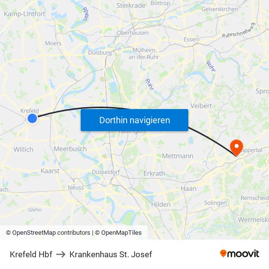Krefeld Hbf to Krankenhaus St. Josef map