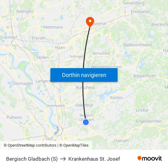 Bergisch Gladbach (S) to Krankenhaus St. Josef map