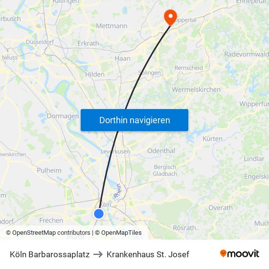 Köln Barbarossaplatz to Krankenhaus St. Josef map