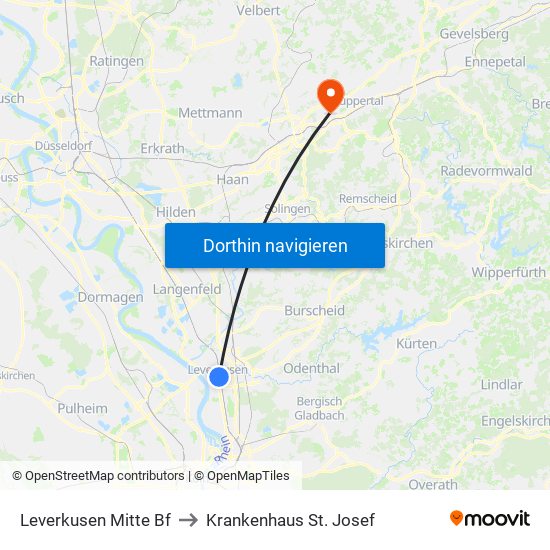 Leverkusen Mitte Bf to Krankenhaus St. Josef map