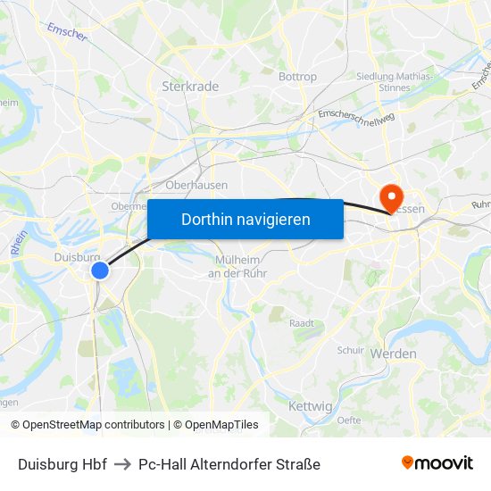 Duisburg Hbf to Pc-Hall Alterndorfer Straße map