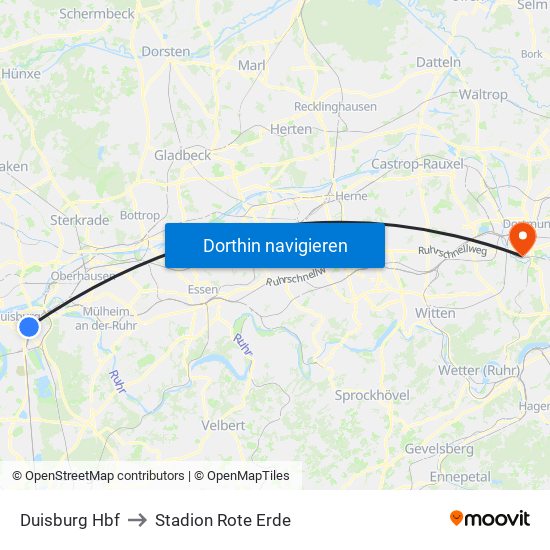 Duisburg Hbf to Stadion Rote Erde map