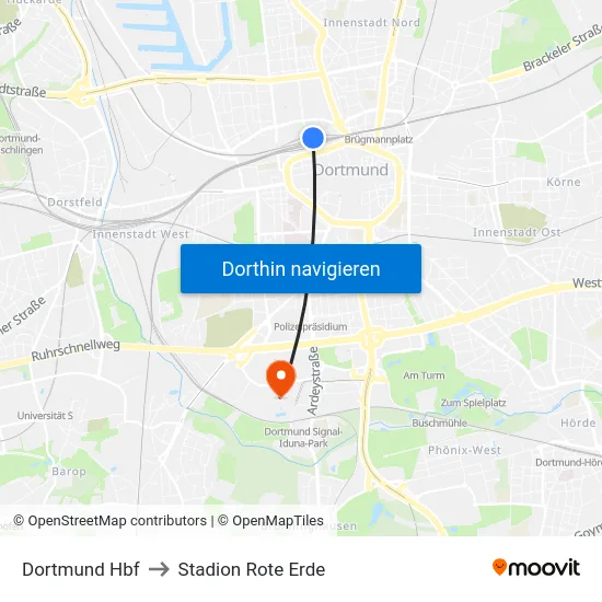 Dortmund Hbf to Stadion Rote Erde map