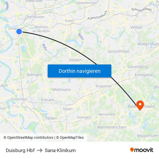 Duisburg Hbf to Sana-Klinikum map