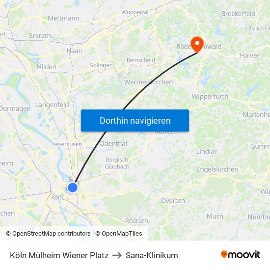 Köln Mülheim Wiener Platz to Sana-Klinikum map