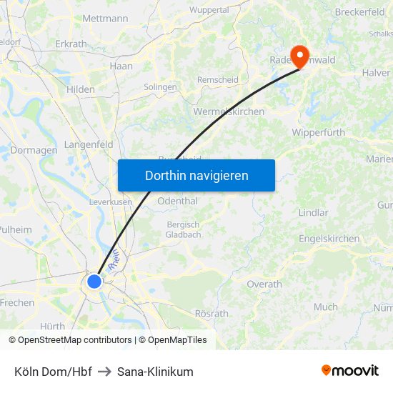 Köln Dom/Hbf to Sana-Klinikum map