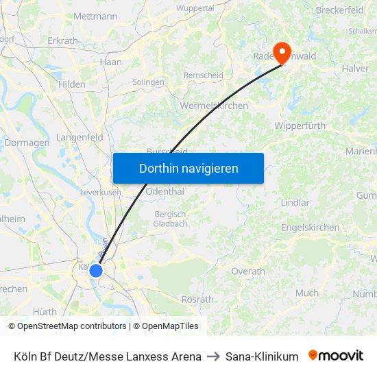 Köln Bf Deutz/Messe Lanxess Arena to Sana-Klinikum map