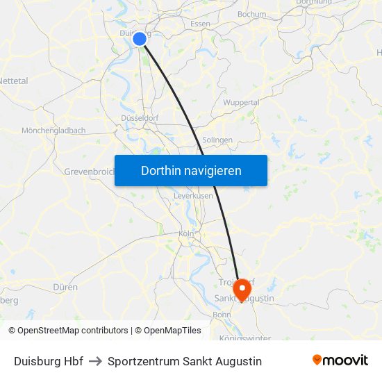 Duisburg Hbf to Sportzentrum Sankt Augustin map
