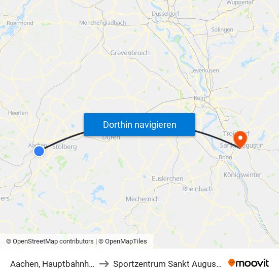 Aachen, Hauptbahnhof to Sportzentrum Sankt Augustin map