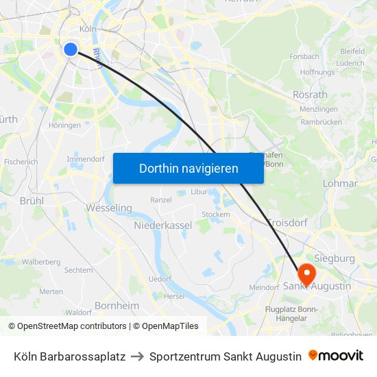 Köln Barbarossaplatz to Sportzentrum Sankt Augustin map