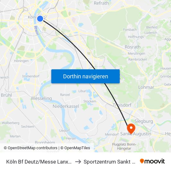 Köln Bf Deutz/Messe Lanxess Arena to Sportzentrum Sankt Augustin map