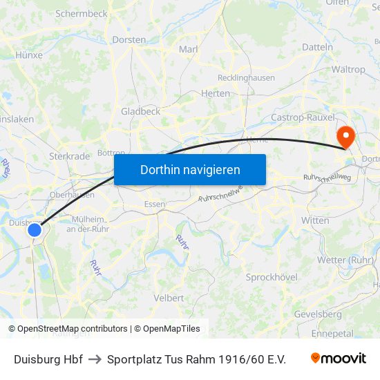 Duisburg Hbf to Sportplatz Tus Rahm 1916 / 60 E.V. map