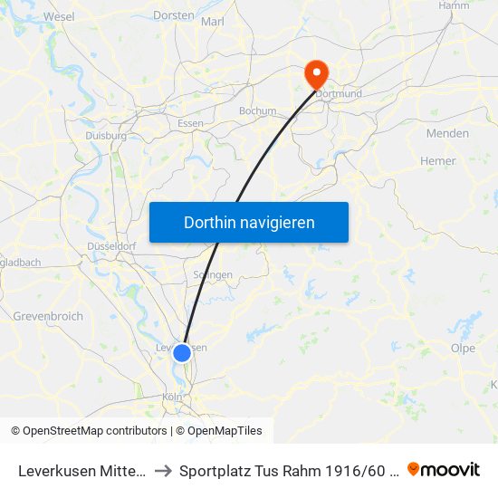 Leverkusen Mitte Bf to Sportplatz Tus Rahm 1916 / 60 E.V. map