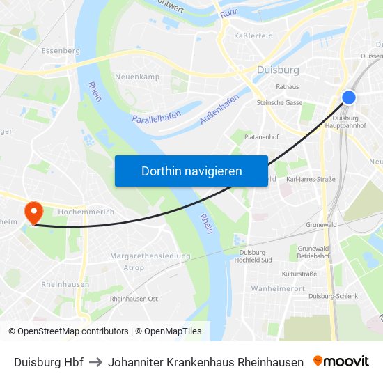 Duisburg Hbf to Johanniter Krankenhaus Rheinhausen map