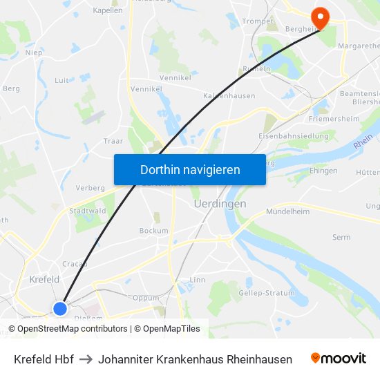 Krefeld Hbf to Johanniter Krankenhaus Rheinhausen map