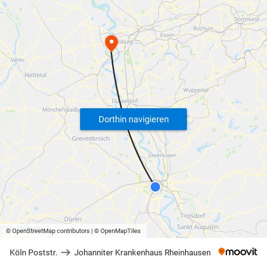 Köln Poststr. to Johanniter Krankenhaus Rheinhausen map