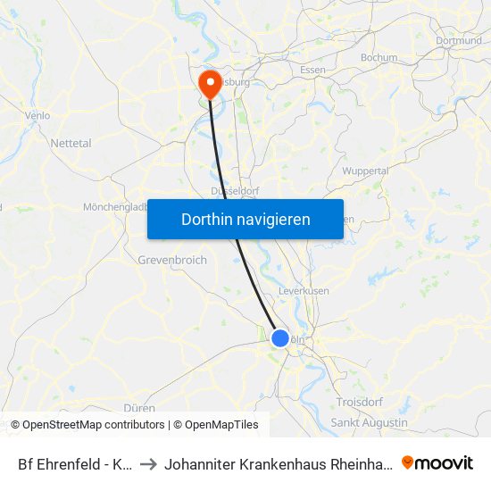 Bf Ehrenfeld - Köln to Johanniter Krankenhaus Rheinhausen map