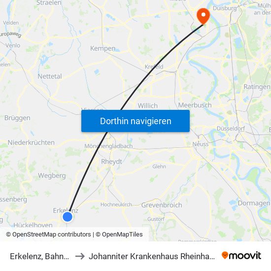 Erkelenz, Bahnhof to Johanniter Krankenhaus Rheinhausen map