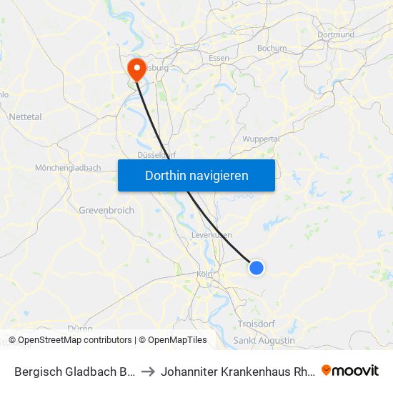 Bergisch Gladbach Bensberg to Johanniter Krankenhaus Rheinhausen map