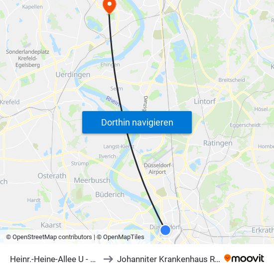 Heinr.-Heine-Allee U - Düsseldorf to Johanniter Krankenhaus Rheinhausen map