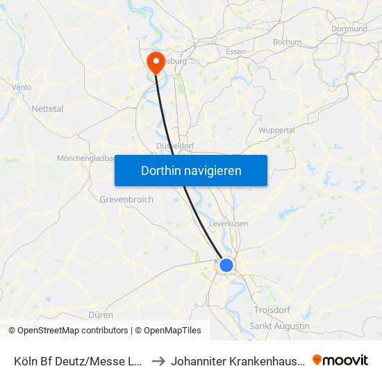 Köln Bf Deutz/Messe Lanxess Arena to Johanniter Krankenhaus Rheinhausen map
