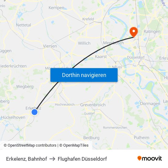 Erkelenz, Bahnhof to Flughafen Düsseldorf map