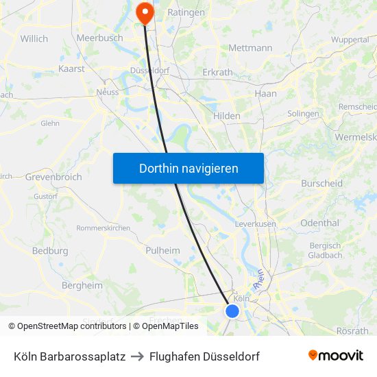 Köln Barbarossaplatz to Flughafen Düsseldorf map