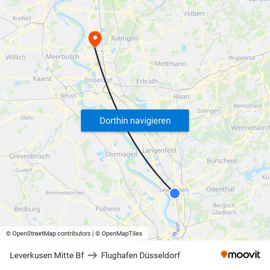 Leverkusen Mitte Bf to Flughafen Düsseldorf map