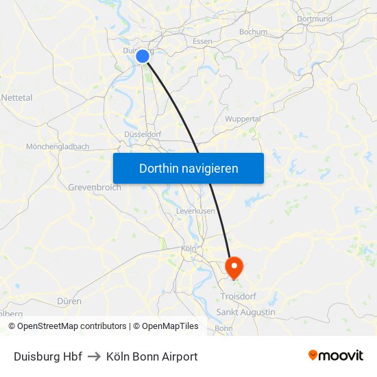 Duisburg Hbf to Köln Bonn Airport map