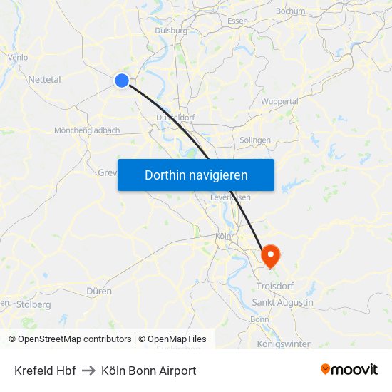 Krefeld Hbf to Köln Bonn Airport map