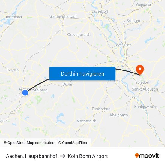 Aachen, Hauptbahnhof to Köln Bonn Airport map