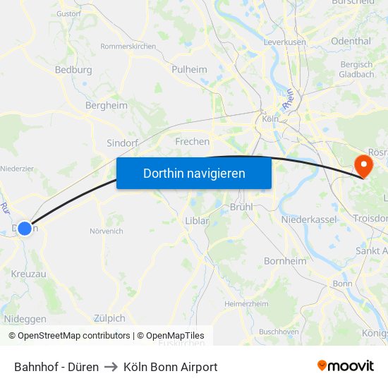 Bahnhof - Düren to Köln Bonn Airport map