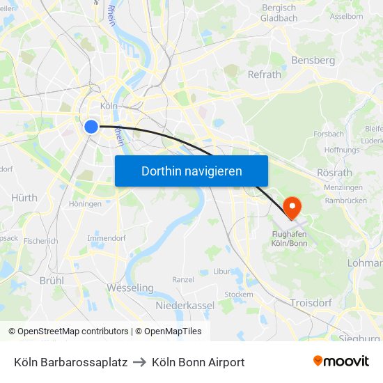 Köln Barbarossaplatz to Köln Bonn Airport map