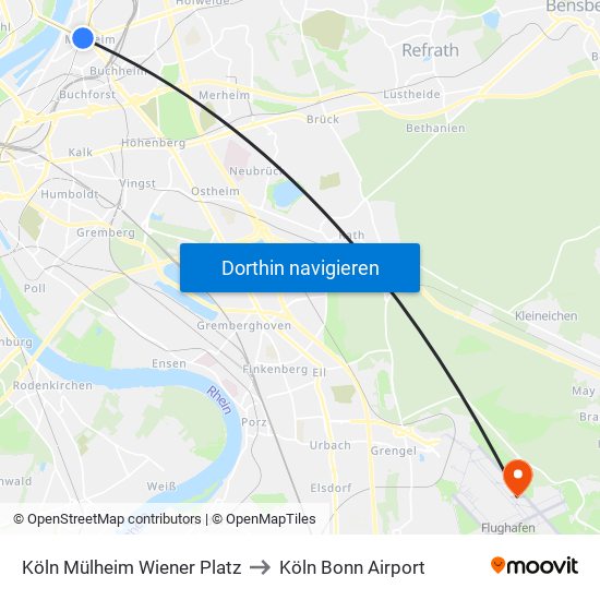 Köln Mülheim Wiener Platz to Köln Bonn Airport map