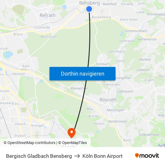 Bergisch Gladbach Bensberg to Köln Bonn Airport map