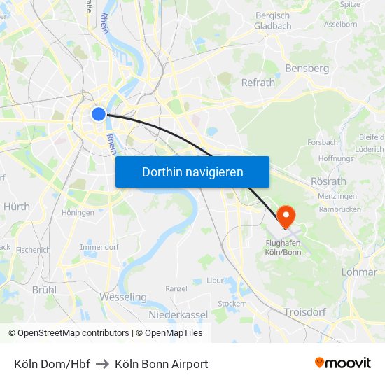 Köln Dom/Hbf to Köln Bonn Airport map