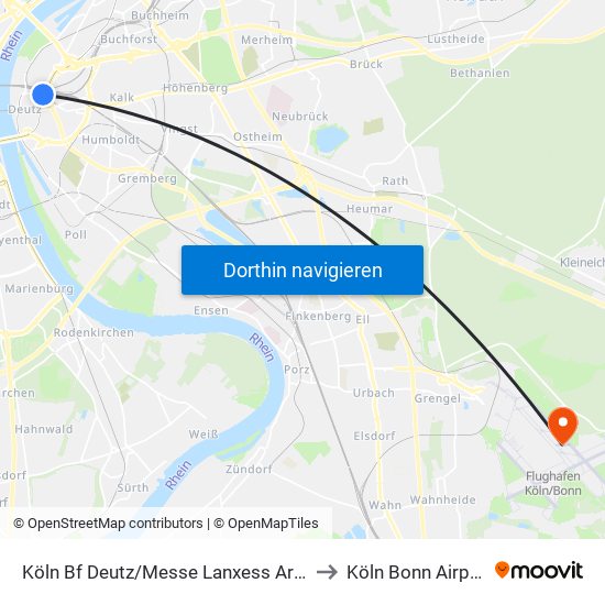 Köln Bf Deutz/Messe Lanxess Arena to Köln Bonn Airport map