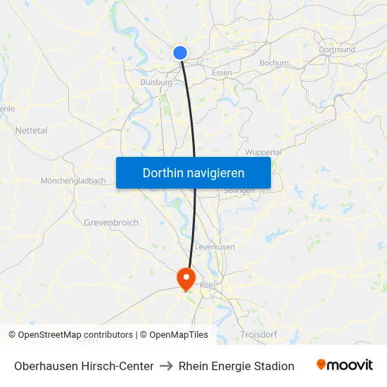 Oberhausen Hirsch-Center to Rhein Energie Stadion map