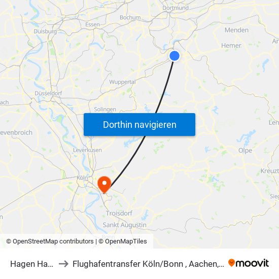 Hagen Hauptbahnhof to Flughafentransfer Köln / Bonn , Aachen, Düsseldorf ,Frankfurt, Siegen, Olpe map