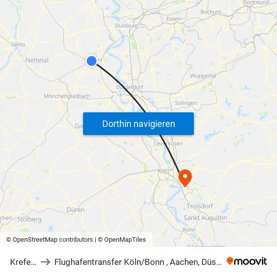 Krefeld Hbf to Flughafentransfer Köln / Bonn , Aachen, Düsseldorf ,Frankfurt, Siegen, Olpe map