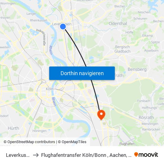 Leverkusen Mitte Bf to Flughafentransfer Köln / Bonn , Aachen, Düsseldorf ,Frankfurt, Siegen, Olpe map