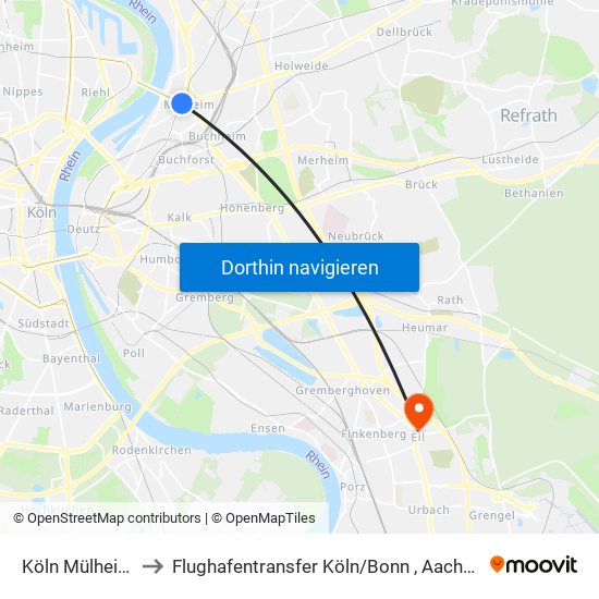 Köln Mülheim Wiener Platz to Flughafentransfer Köln / Bonn , Aachen, Düsseldorf ,Frankfurt, Siegen, Olpe map